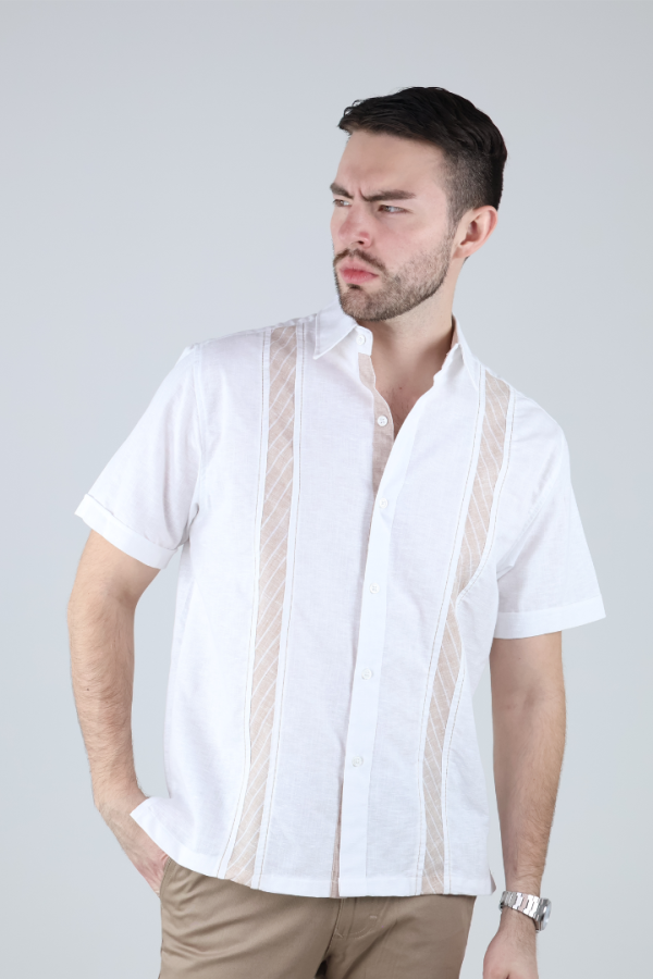 Camisa Guayabera Hombre Manga Corta Lino Con Detalle En Pecho